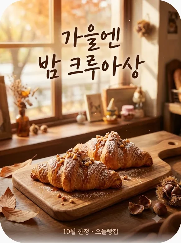 Gemini가 같은 문장으로 만든 세로 포스터. 창가 나무 도마 위에 밤 크루아상 두 개, 큰 제목 ‘가을엔 밤 크루아상’, 맨 밑에 작은 글씨 ‘10월 한정 · 오늘빵집’